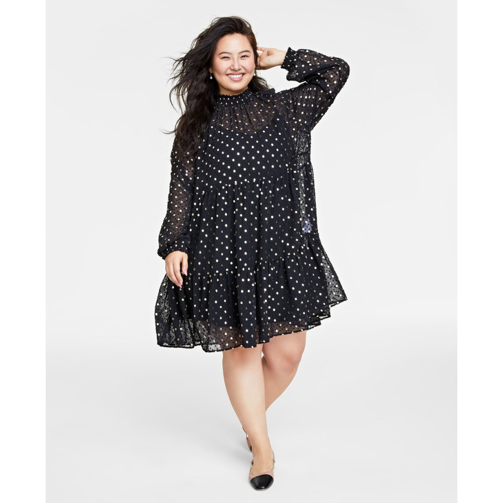 ON 34th Women's Large Black & Metallic Gold Dot Tiered Sheer Dress NWT